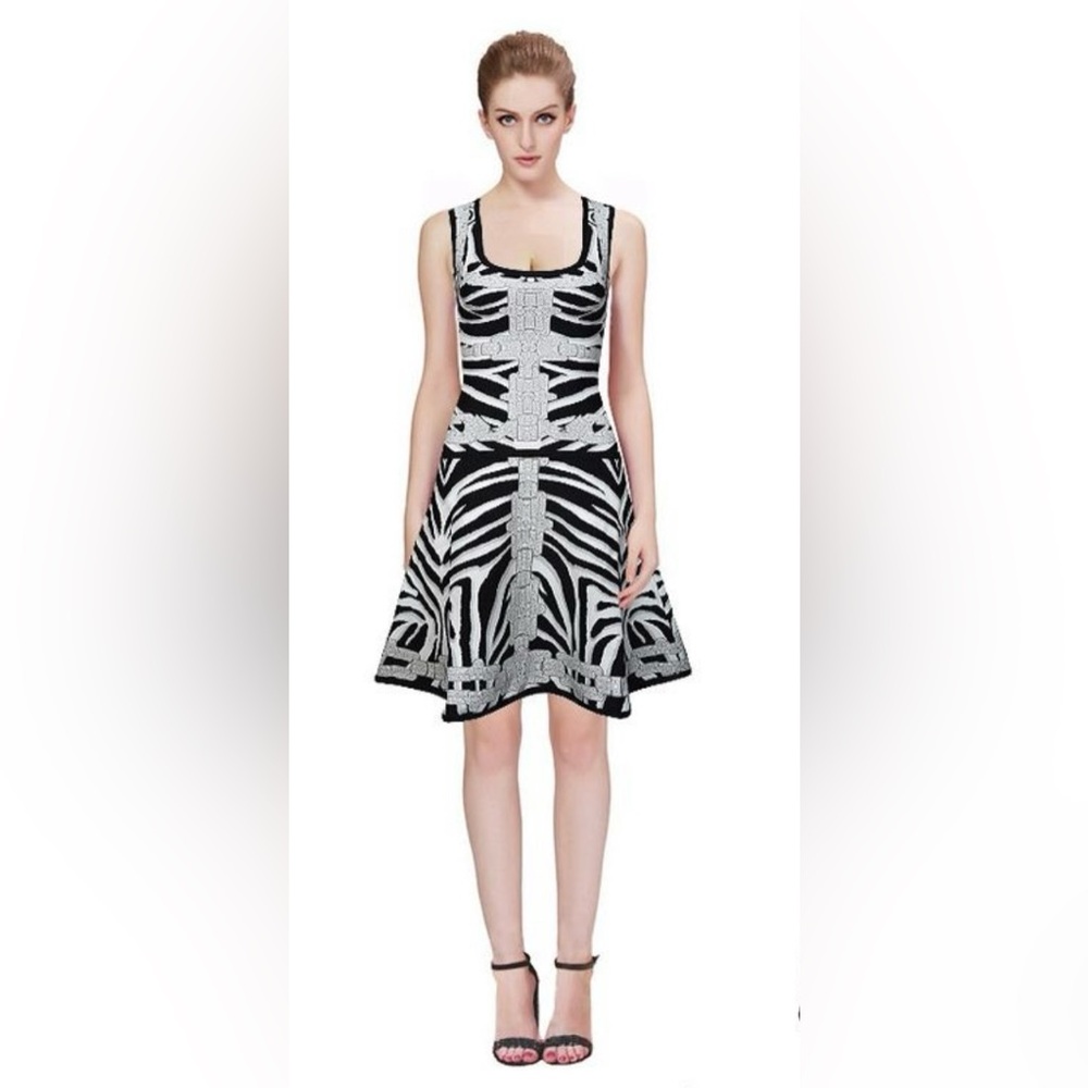Rare! ($1550USD) Herve Leger Black/Gray/Silver Miranda Zebra Print Dress